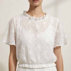 Altar'd State White Floral Lace Ruffle-Neck Blouse
